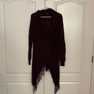 Maroon cowl neck cross button front fringe sweater
